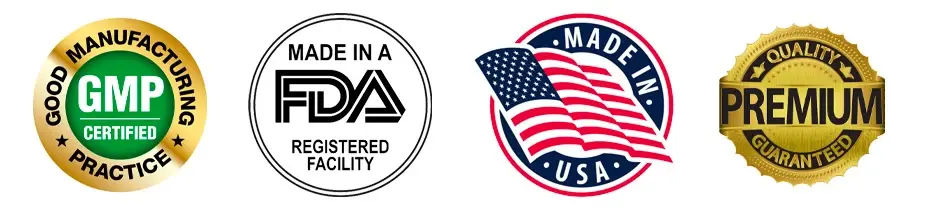 SodaSlim quality badges: GMP certified practice, made in an FDA registered facility, made in USA, premium quality