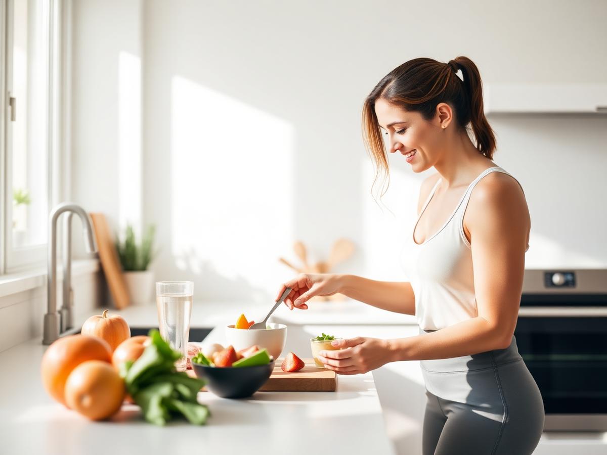 Woman preparing a balanced meal as part of a healthy weight management routine